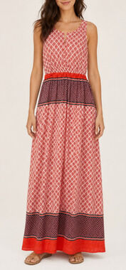 Fleur Bleue Maxi Dress Women’s 6 Orange Boho Geometric Border Print Rayon Resort